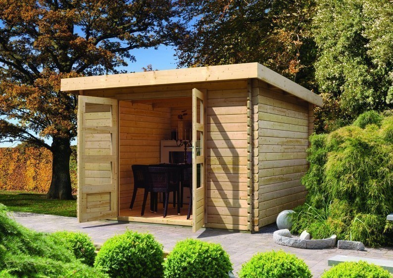 Karibu Woodfeeling Holz-Gartenhaus Pultdach Bastrup 5 - 28 mm mit 2 m Schleppdach inkl. Seiten- und Rückwand