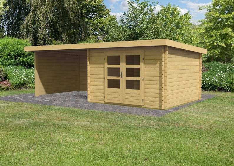 Karibu Woodfeeling Holz-Gartenhaus Pultdach Bastrup 5 - 28 mm mit 3 m Schleppdach inkl. Seiten- und Rückwand
