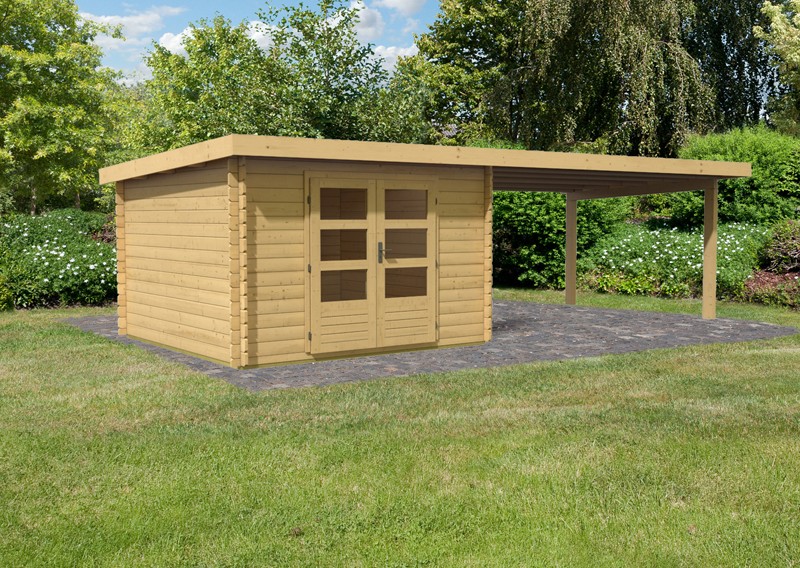 Karibu Holz-Gartenhaus Bastrup 5 mit 4m Anbaudach - 28 mm