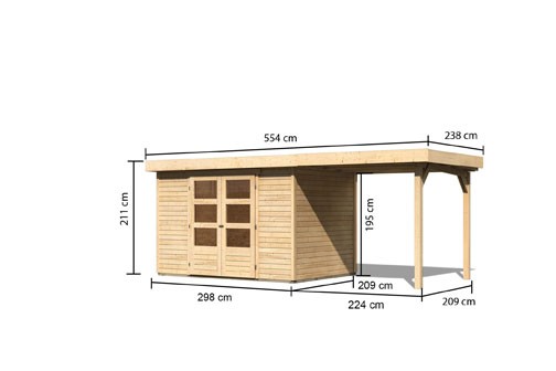 Woodfeeling Holz-Gartenhaus Askola 4 mit Anbaudach 2,4m - 19 mm Schraub-/Stecksystem - naturbelassen