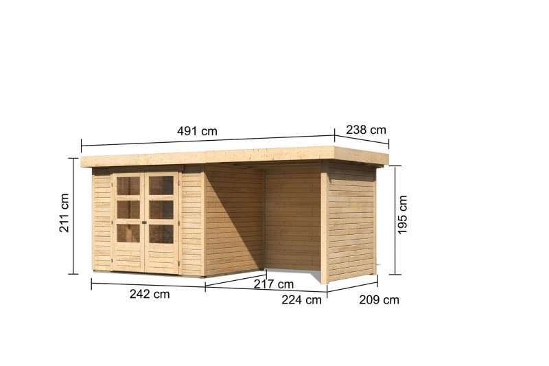 Woodfeeling Gartenhaus Askola 3 mit 2,4m Anbaudach + Seiten- und Rückwand - naturbelassen