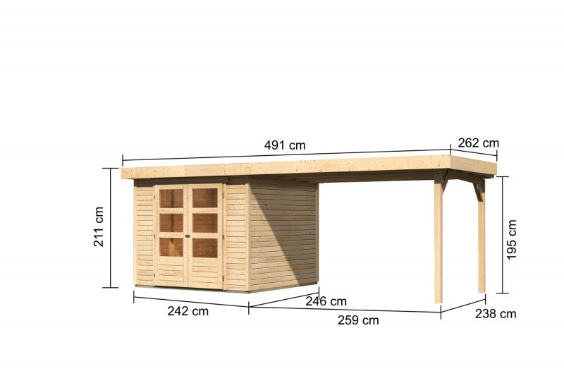 Woodfeeling Holz-Gartenhaus Askola 3,5 mit Anbaudach 2,8m - 19 mm Schraub-/Stecksystem - naturbelassen