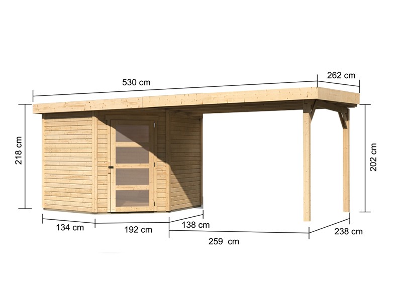 Woodfeeling Holz-Gartenhaus Schwandorf 5 mit Anbaudach 2,8m - 19 mm Schraub-/Stecksystem - naturbelassen