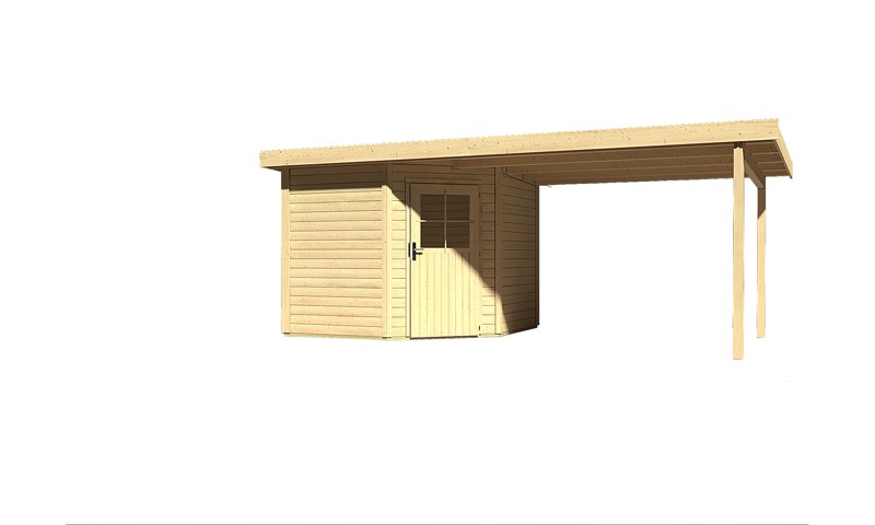 Sonderangebot: Woodfeeling Holz-Gartenhaus: Neuruppin 2 im Set mit einem Anbaudach Breite 2,95 m - 28 mm Flachdach Schraub- Stecksystem  - naturbelassen