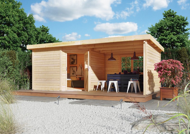 Sonderangebot: Woodfeeling Holz-Gartenhaus: Neuruppin 2 im Set mit einem Anbaudach Breite 2,95 m - 28 mm Flachdach Schraub- Stecksystem  - naturbelassen