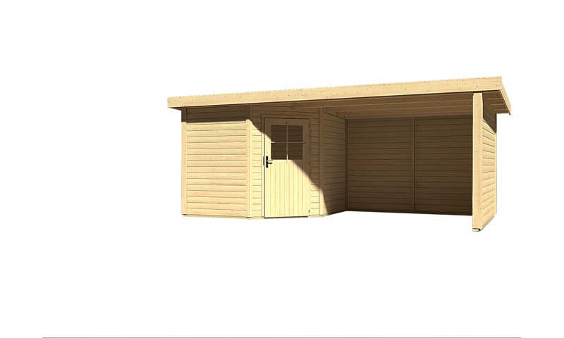Sonderangebot: Woodfeeling Holz-Gartenhaus: Neuruppin 2 im Set mit einem Anbaudach Breite 2,95 m und 28mm Seiten- und Rückwand - 28 mm Flachdach Schraub- Stecksystem  - naturbelassen