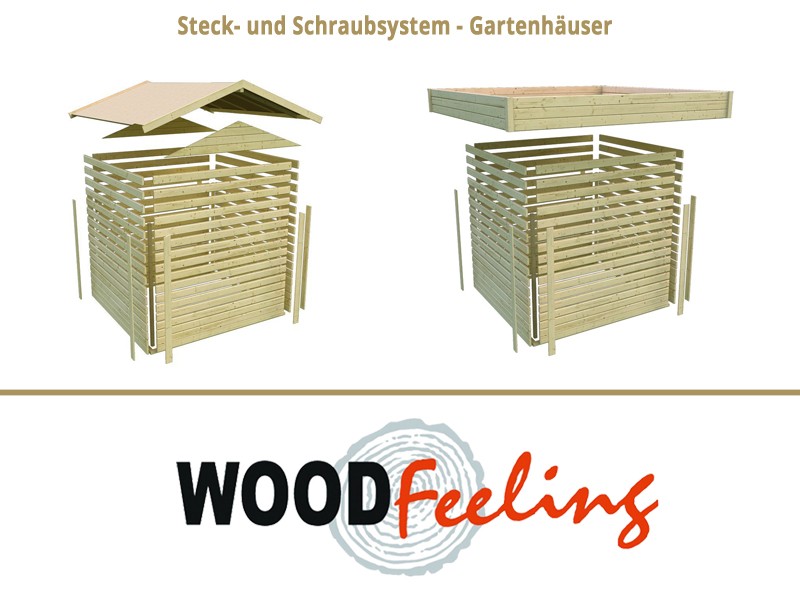 Sonderangebot: Woodfeeling Holz-Gartenhaus: Neuruppin 2 im Set mit einem Anbaudach Breite 2,95 m und 28mm Seiten- und Rückwand - 28 mm Flachdach Schraub- Stecksystem  - naturbelassen