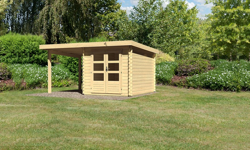 Sonderangebot: Woodfeeling Holz-Gartenhaus: Bastrup 4 im Set mit Schleppdach 2 m breit - 28 mm Blockbohlenhaus mit Pultdach  - naturbelassen