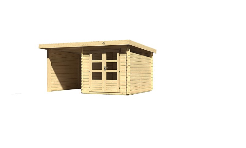 Sonderangebot: Woodfeeling Holz-Gartenhaus: Bastrup 4 im Set mit Schleppdach 2 m  breit, 28 mm Seiten - und Rückwand - 28 mm Blockbohlenhaus mit Pultdach  - naturbelassen