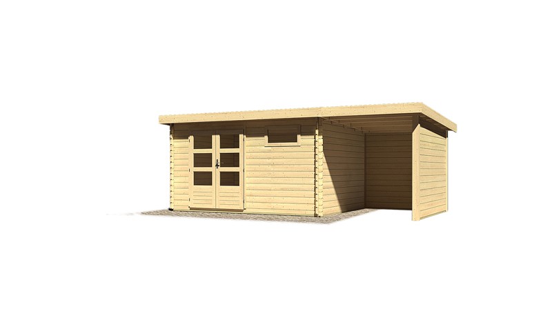 Sonderangebot: Woodfeeling Holz-Gartenhaus: Bastrup 8 im Set mit Schleppdach 2 m breit, 28 mm Seiten - und Rückwand - 28 mm Blockbohlenhaus mit Pultdach  - naturbelassen