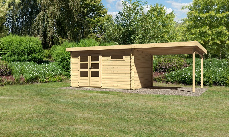 Sonderangebot: Woodfeeling Holz-Gartenhaus: Bastrup 8 im Set mit Schleppdach 3 m breit - 28 mm Blockbohlenhaus mit Pultdach  - naturbelassen