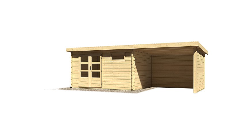 Sonderangebot: Woodfeeling Holz-Gartenhaus: Bastrup 8 im Set mit Schleppdach 3 m breit, 28 mm Seiten - und Rückwand - 28 mm Blockbohlenhaus mit Pultdach  - naturbelassen