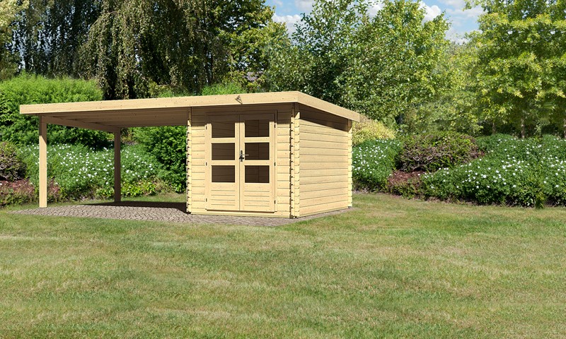 Sonderangebot: Woodfeeling Holz-Gartenhaus: Bastrup 4 im Set mit Schleppdach 4 m breit - 28 mm Blockbohlenhaus mit Pultdach  - naturbelassen