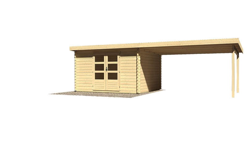 Sonderangebot: Woodfeeling Holz-Gartenhaus: Bastrup 7 im Set mit Schleppdach 4 m breit - 28 mm Blockbohlenhaus mit Pultdach  - naturbelassen