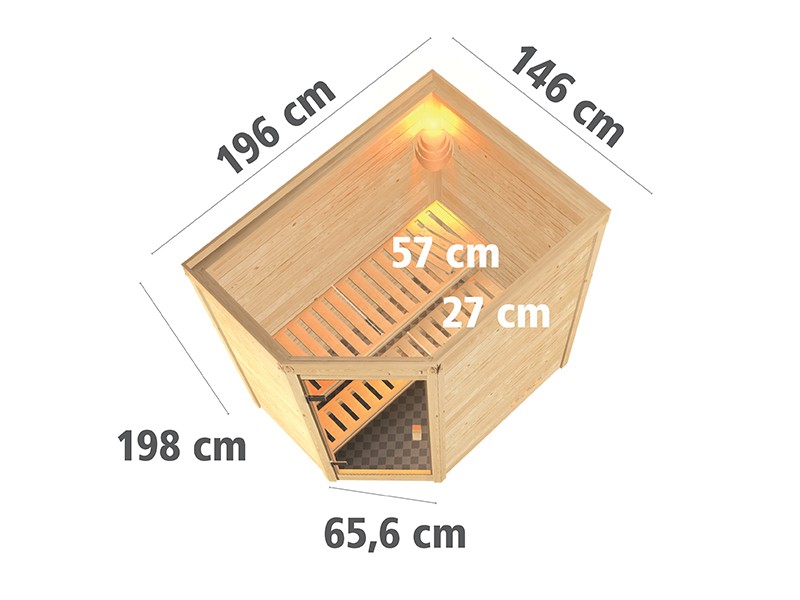 Woodfeeling 38 mm Massivholzsauna Svea - Eckeinstieg - Ganzglastür klar - ohne Dachkranz