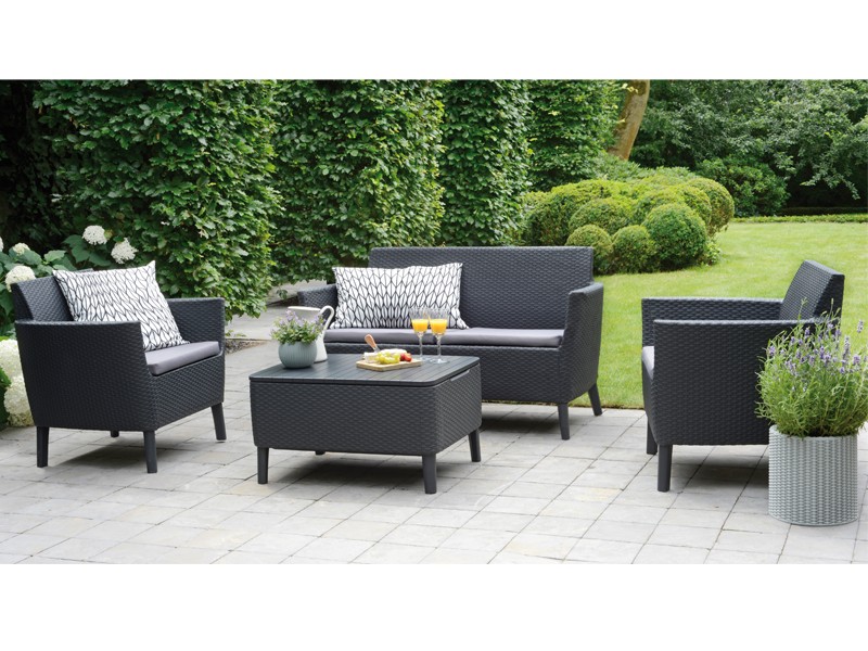 Best Gartenmöbel-Set Lounge-Gruppe Linosa 4-tlg. inkl. Sitzauflagen und Tisch mit Aufbewahrungsfunktion - Vollkunststoff - graphit/hellgrau