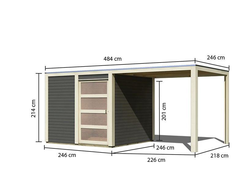 Karibu Holz-Gartenhaus Qubic 1 mit Anbaudach 2,4 m- 19 mm Steck-/Schraubsystem - terragrau - inkl. Alu-Abschlussleiste