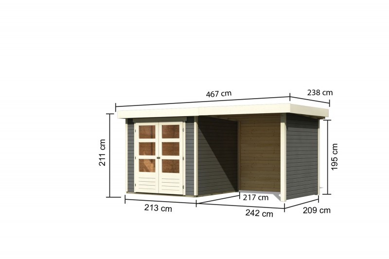 Woodfeeling Karibu Holz-Gartenhaus Askola 2 im Set mit Anbaudach 2,40 m Breite und 19 mm Seiten- Rückwand in terragrau