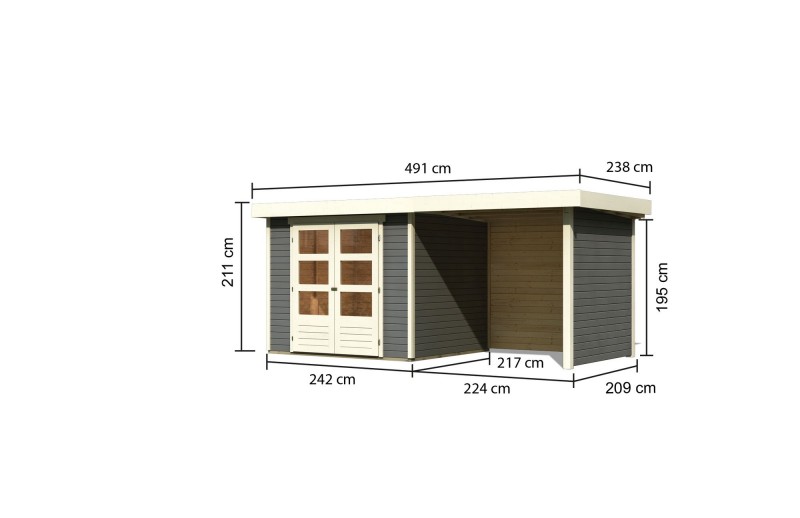 Woodfeeling Karibu Holz-Gartenhaus Askola 3  im Set mit Anbaudach 2,40 m Breite und 19 mm Seiten- Rückwand in terragrau