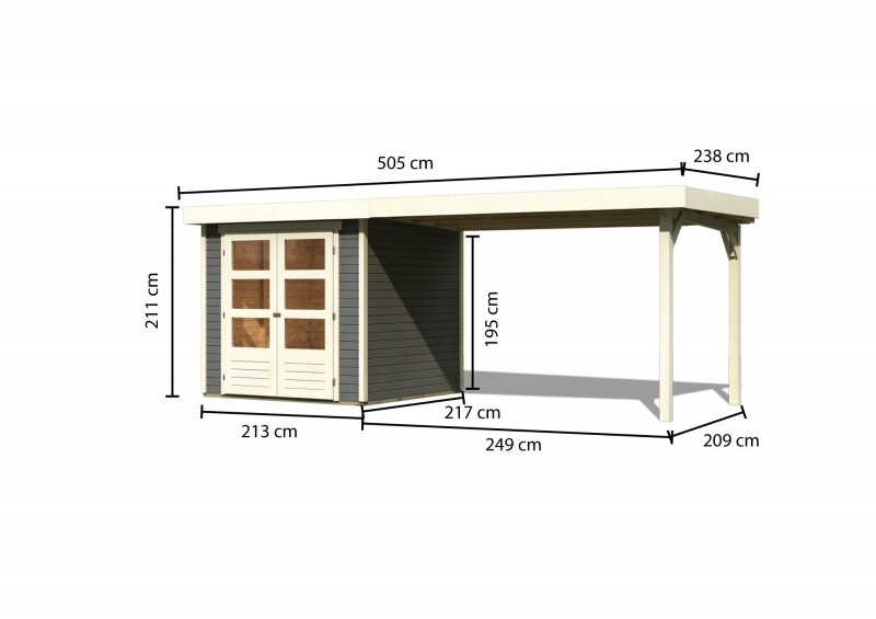 Woodfeeling Holz-Gartenhaus Askola 2 mit Anbaudach 2,8m - 19 mm Schraub-/Stecksystem - terragrau
