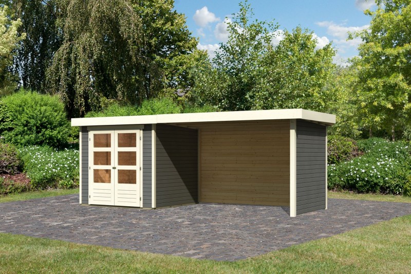 Woodfeeling Karibu Holz-Gartenhaus Askola 2 im Set mit Anbaudach 2,80 m Breite und 19 mm Seiten- Rückwand in terragrau