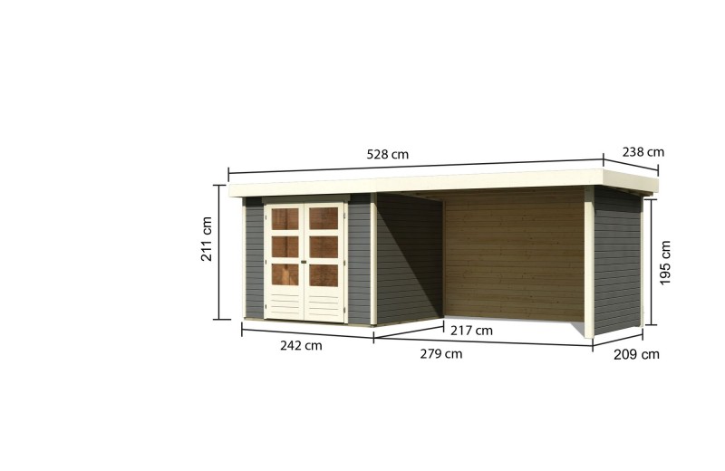 Woodfeeling Karibu Holz-Gartenhaus Askola 3  im Set mit Anbaudach 2,80 m Breite und 19 mm Seiten- Rückwand in terragrau