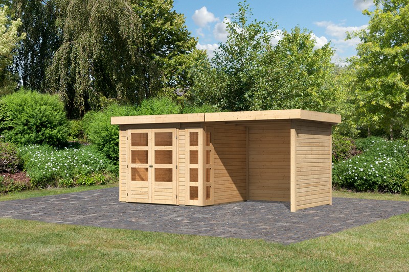 Woodfeeling Karibu Holz-Gartenhaus Kerko 3  im Set mit Anbaudach 2,40 m Breite und 19 mm Seiten- Rückwand in naturbelassen (unbehandelt) 