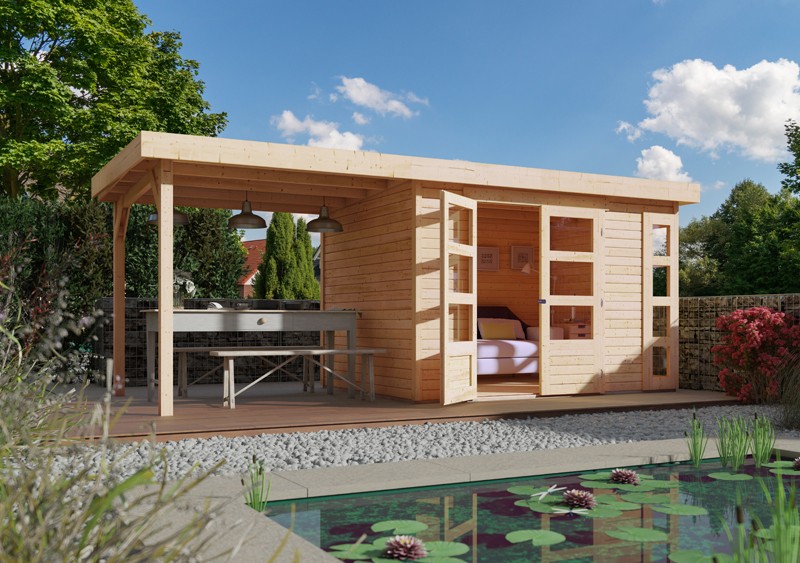 Woodfeeling Karibu Holz-Gartenhaus Kerko 3  im Set mit Anbaudach 2,40 m Breite und 19 mm Seiten- Rückwand in terragrau
