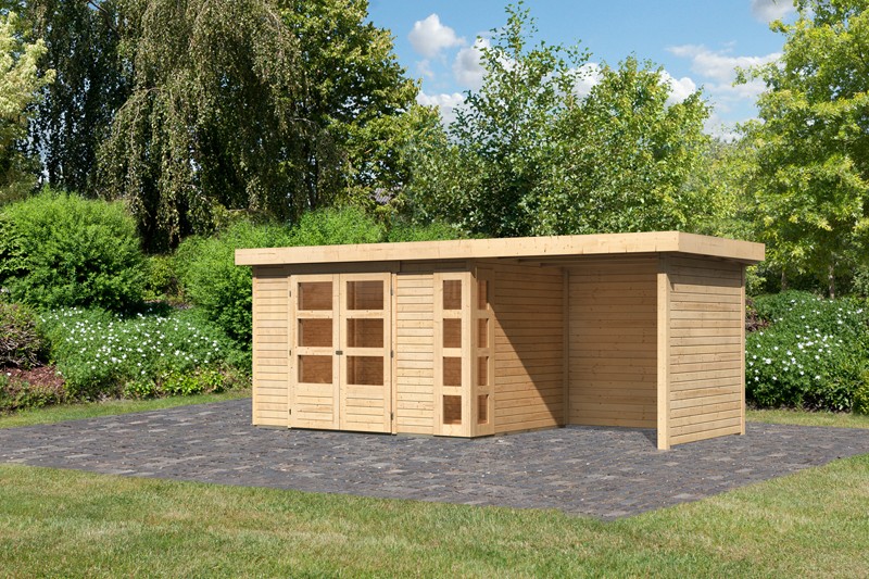 Woodfeeling Karibu Holz-Gartenhaus Kerko 4  im Set mit Anbaudach 2,40 m Breite und 19 mm Seiten- Rückwand in naturbelassen (unbehandelt) 