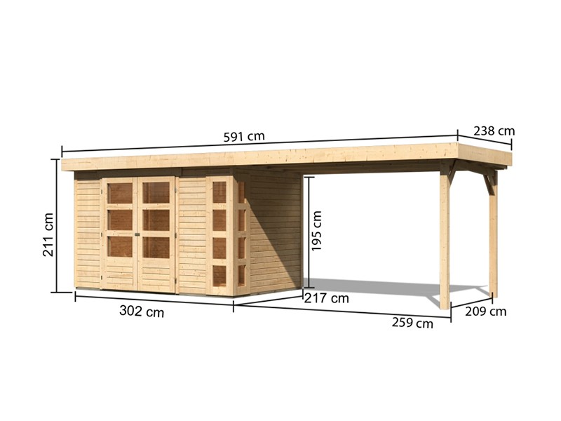 Karibu Holz-Gartenhaus Kerko 4 mit 2,8m Anbaudach - 19 mm - Schraub-/Stecksystem - naturbelassen
