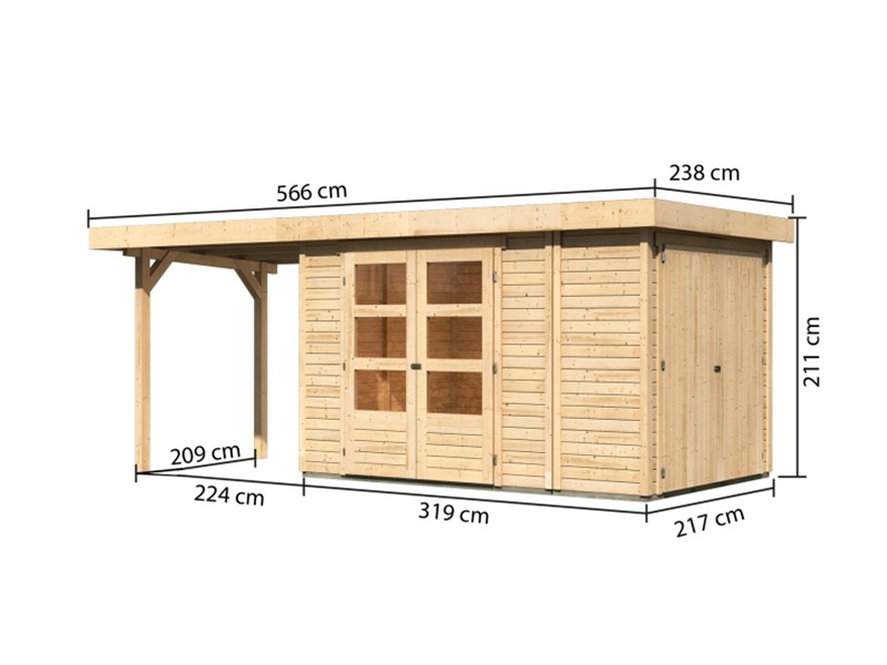 Woodfeeling Holz-Gartenhaus Retola 3 inkl. Anbauschrank + Anbaudach 2,4m - 19 mm Schraub-/Stecksystem - naturbelassen