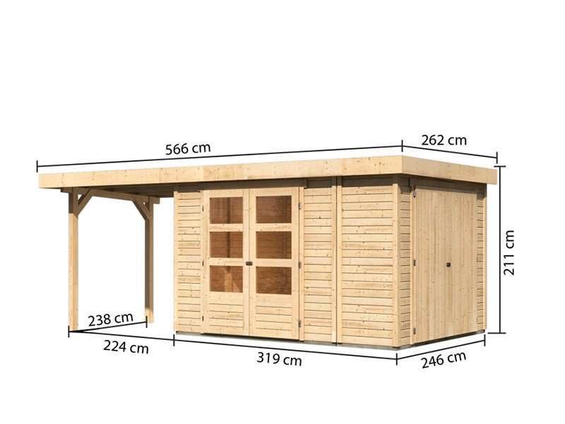 Woodfeeling Holz-Gartenhaus Retola 4 inkl. Anbauschrank + Anbaudach 2,4m - 19 mm Schraub-/Stecksystem - naturbelassen