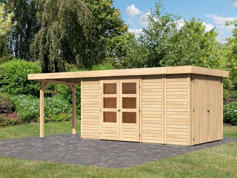 Woodfeeling Holz-Gartenhaus Retola 5 inkl. Anbauschrank + Anbaudach 2,4m - 19 mm Schraub-/Stecksystem - naturbelassen