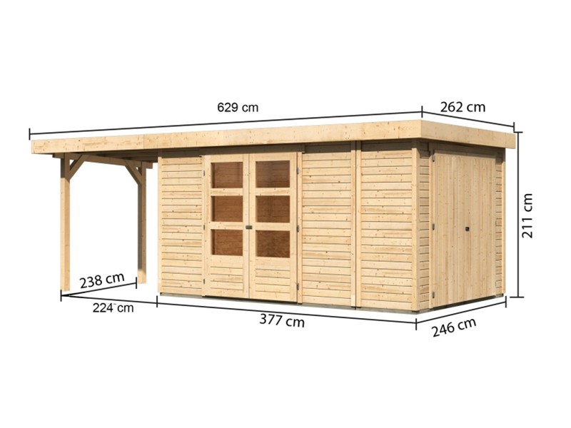 Woodfeeling Holz-Gartenhaus Retola 6 inkl. Anbauschrank + Anbaudach 2,4m - 19 mm Schraub-/Stecksystem - naturbelassen