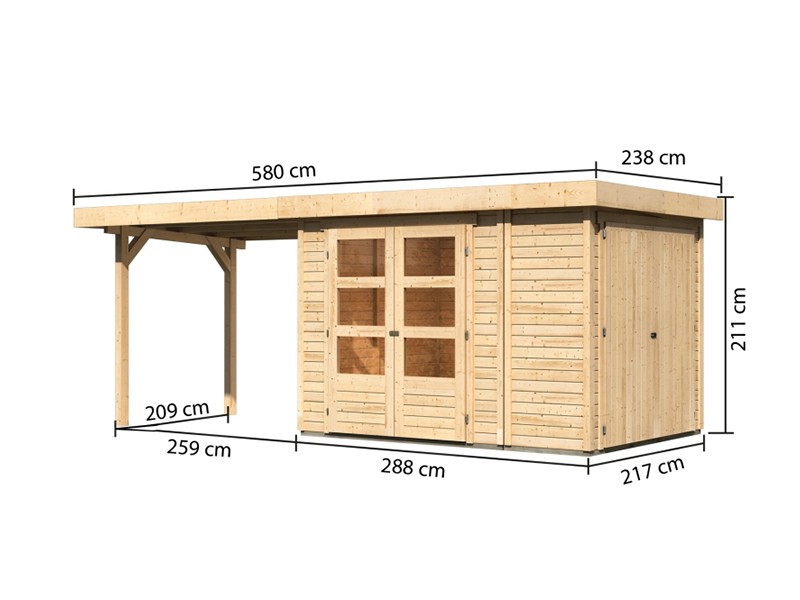 Woodfeeling Gartenhaus Retola 2 inkl. Anbauschrank + Anbaudach 2,8m - 19 mm Schraub-/Stecksystem - naturbelassen