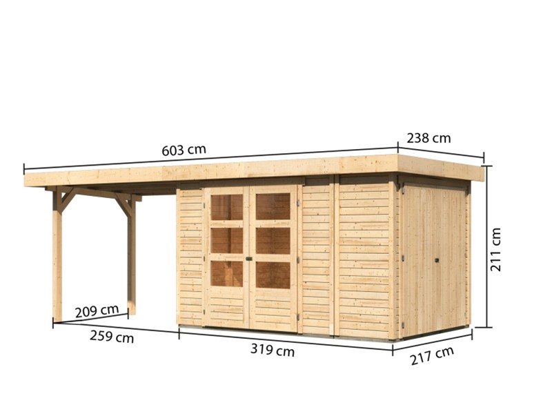 Woodfeeling Holz-Gartenhaus Retola 3 inkl. Anbauschrank + Anbaudach 2,8m - 19 mm Schraub-/Stecksystem - naturbelassen