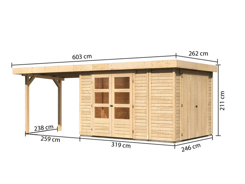 Woodfeeling Holz-Gartenhaus Retola 4 inkl. Anbauschrank + Anbaudach 2,8m - 19 mm Schraub-/Stecksystem - naturbelassen