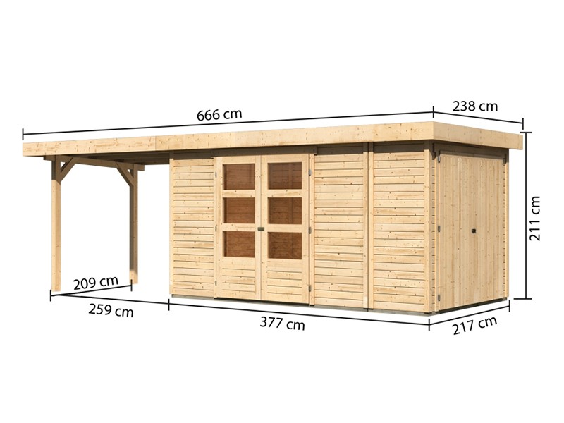 Woodfeeling Holz-Gartenhaus Retola 5 inkl. Anbauschrank + Anbaudach 2,8m - 19 mm Schraub-/Stecksystem - naturbelassen