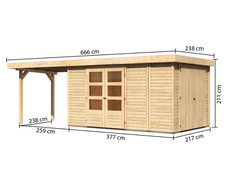 Woodfeeling Holz-Gartenhaus Retola 6 inkl. Anbauschrank + Anbaudach 2,8m - 19 mm Schraub-/Stecksystem - naturbelassen