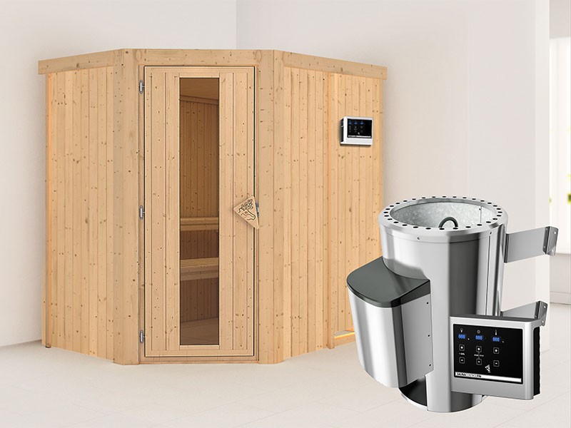 Karibu 68mm Systemsauna Saja - Plug&Play - Eckeinstieg - Energiespartür - ohne Dachkranz - 3,6kW Plug&Play Saunaofen mit externer Steuerung Easy