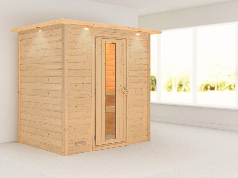 Karibu 38mm Massivholzsauna Ronja - Plug&Play - Fronteinstieg - Energiespartür - mit Dachkranz