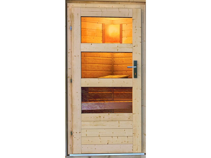Karibu 38 mm Saunahaus Heikki - Pultdach - Moderne Saunatür - naturbelassen - 9kW Bio-Kombiofen mit externer Steuerung Easy bio 