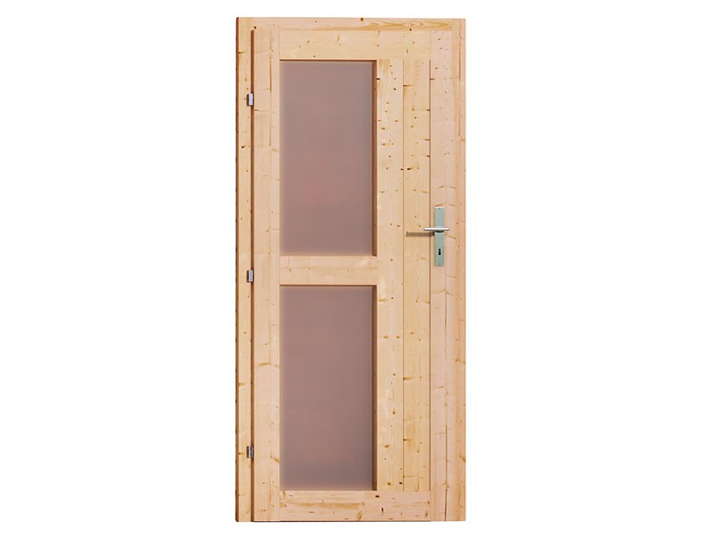 Karibu 38 mm Saunahaus Skrollan 3 - Pultdach - Milchglas Saunatür - Saunafenster rechteckig - naturbelassen