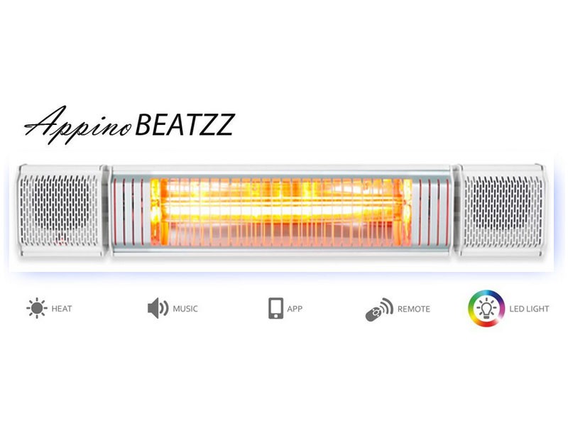 VASNER Appino BEATZZ Infrarot-Heizstrahler, Terrassenstrahler dimmbar 2000 W, Bluetooth, LED Backlight Licht, Musik-Lautsprecher Außenbereich Farbe: weiß