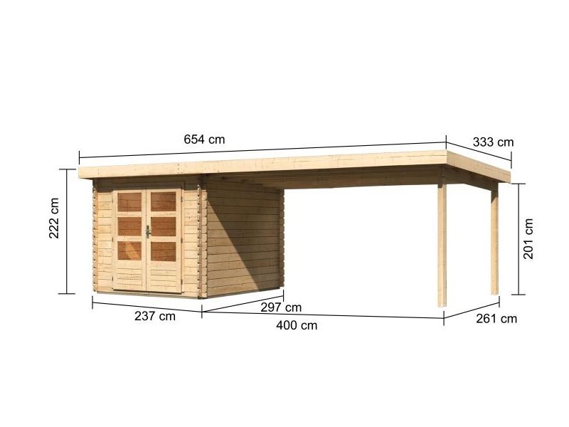 Karibu Holz-Gartenhaus Bastrup 4 mit 4m Anbaudach - 28 mm - Blockbohlenhaus - naturbelassen