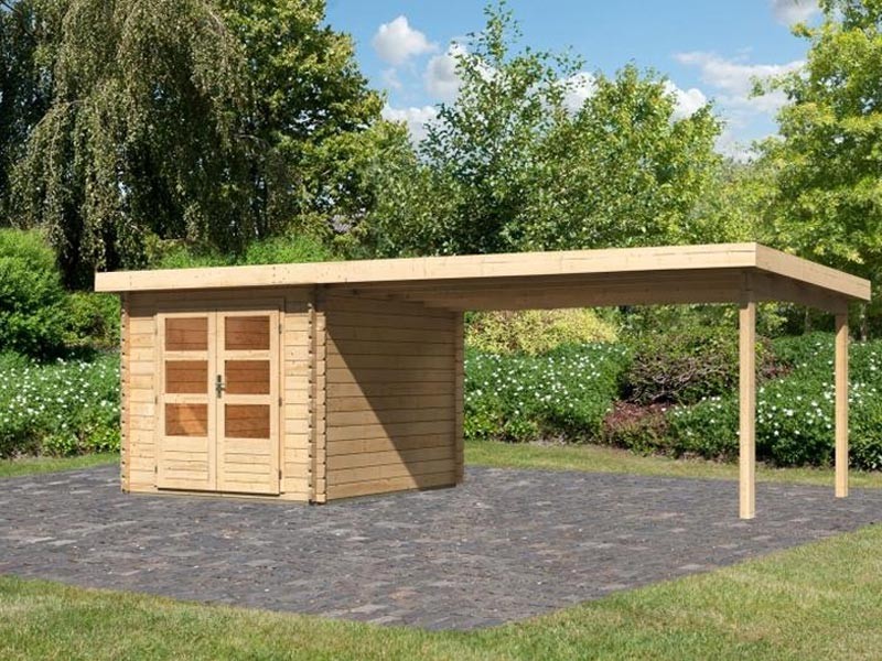 Karibu Holz-Gartenhaus Bastrup 4 mit 4m Anbaudach - 28 mm - Blockbohlenhaus - naturbelassen