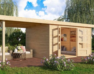 Retola 6 Karibu + Holz-Gartenhaus Elementhaus 19mm - - natur Anbauschrank Flachdach -