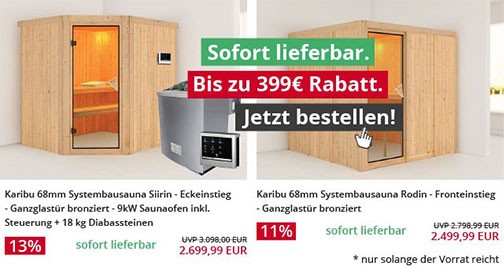 Sauna: Sofort lieferbar. Bis zu 399 Euro Rabatt. Jetzt im Garten Online Shop bestellen!