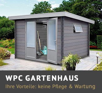 Finnhaus Wolff Gartenhaus und Gerätehaus aus grauem WPC