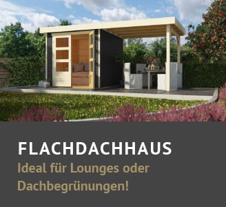 graues Flachdach Gartenhaus mit Anbaudach und Sitzgruppe